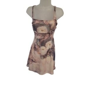 Blanc Clothing Floral Mesh Mini Dress Open Back Lace Up Pink Tan Women Small
